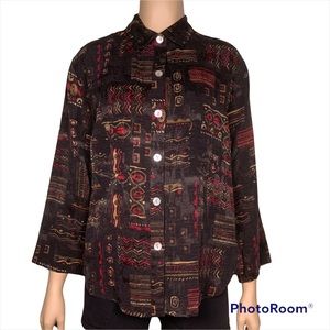 Chicos Womens Silk Linen Blend Aztec Print Long Sleeve Shirt Size 0 Chicos S US
